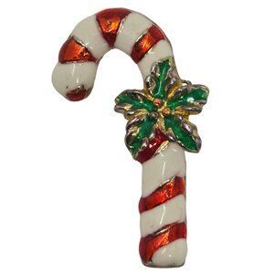 Vintage AAI Christmas Candy Cane with Poinsettia Holiday Enamel Brooch Pin